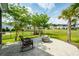 Backyard patio featuring an outdoor fire pit and mature trees at 415 True North Trail, Summerville, SC 29486
