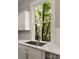 A close-up view of the kitchen's sink, with a nature view from the window, quartz countertop, and white cabinets at 8 Pitt St # A, Charleston, SC 29401