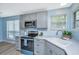 Updated kitchen featuring a stainless oven, gray cabinets, quartz countertops, and a view from windows at 8507 William Moultrie Dr, North Charleston, SC 29420