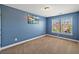 Carpeted bedroom with blue walls, two windows and a scenic art piece on the wall at 9313 Sweetbay Ct, Ladson, SC 29456