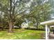 Lush backyard with mature shade trees and a glimpse of the covered patio at 116 Lyle Rd, Goose Creek, SC 29445