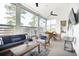 Comfortable screened in porch with a TV, ceiling fans, and ample seating for entertaining at 1714 Fort Palmetto Cir, Mount Pleasant, SC 29466