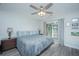 Primary bedroom featuring ceiling fan, hardwood floors, a water view balcony, and tasteful decor at 1751 Brittlebush Ln, Johns Island, SC 29455
