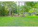 Tranquil backyard showcasing a charming playhouse, lush greenery, and a serene pond view at 2791 Gaston Gate, Mount Pleasant, SC 29466
