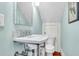 Charming bathroom features a pedestal sink with marble countertop and blue walls at 29 Smith St, Charleston, SC 29401