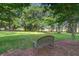 Scenic backyard featuring mature trees, verdant lawn, and a charming wooden bench at 4067 S Rhett Ave, North Charleston, SC 29405