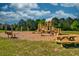 A wooden playground with slide, swings, and picnic table in a bark-covered play area at 6972 Pumpkinseed Dr, Johns Island, SC 29455