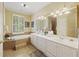 Luxurious bathroom with a double sink vanity, a large soaking tub, and elegant fixtures at 7879 Gull Bay Dr, Awendaw, SC 29429