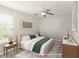 Cozy bedroom features neutral decor, ceiling fan and a large bed with matching nightstands at 1301 Wild Goose Trl, Summerville, SC 29483