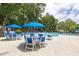 Relaxing pool area with blue umbrellas and chairs, perfect for lounging and enjoying sunny days at 241 Kelsey Blvd, Wando, SC 29492