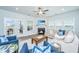 Bright living room boasts a fireplace, ceiling fan, stylish furnishings, and a seamless flow to the outdoor patio at 302 Fiddleback Dr, Summerville, SC 29486