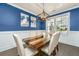 Stylish dining room featuring an elegant light fixture, wood table, wainscoting and blue accent wall at 414 Hamlet Cir, Goose Creek, SC 29445