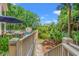 Backyard stairs leading to the pool and patio with outdoor dining area and wooded views at 43 Surfsong Rd, Kiawah Island, SC 29455