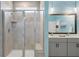 Bathroom with shower and a double sink vanity, framed mirror, and pendant lights at 627 Macintyre Cir, Summerville, SC 29486