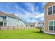 Backyard showcases expansive green lawn, wood fence, with neighboring houses under a partly cloudy sky at 661 Black Pine Rd, Moncks Corner, SC 29461