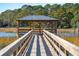 Picturesque wooden dock and gazebo extending into the serene marshland, offering waterfront access at 810 Curved Creek Ct, James Island, SC 29412