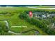 Breathtaking aerial view of the community dock nestled within a serene marsh landscape at 8605 Refuge Point Cir, North Charleston, SC 29420