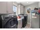 Laundry room features gray cabinets, modern washer and dryer, and a round window at 8605 Refuge Point Cir, North Charleston, SC 29420