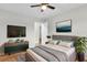 Cozy bedroom featuring a ceiling fan, a mounted TV, modern furniture and hardwood floors at 127 Roberts Rd, Summerville, SC 29483