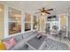 Relaxing screened patio with outdoor seating, television, ceiling fan, string lights, and views of garden at 157 Village Ponds Dr, Summerville, SC 29483
