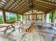 Community pavilion interior featuring picnic tables, a brick fireplace, and ceiling fans at 157 Village Ponds Dr, Summerville, SC 29483