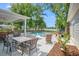Inviting backyard patio with dining and lounge furniture, a built-in grill, and scenic views of the pool and lake at 1607 Waterside Blvd, Moncks Corner, SC 29461
