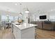 Stylish kitchen showcasing an island with seating, stainless steel appliances, and seamless flow to the living and dining areas at 1832 Agate Bay Dr, Mount Pleasant, SC 29466