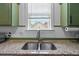 A stainless steel sink with granite countertop and a window looking at houses at 205 White Gables Dr, Summerville, SC 29483