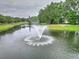 Scenic view of a pond with a fountain, surrounded by lush greenery and mature trees at 205 White Gables Dr, Summerville, SC 29483