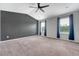 A carpeted main bedroom featuring a ceiling fan, two windows with blue curtains, and a dark-colored accent wall at 242 Torslanda Ln, Summerville, SC 29486