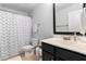 Bathroom featuring a toilet, sink, mirror, and shower with curtain at 255 Decatur Dr, Summerville, SC 29486