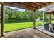 View from back porch featuring a lush lawn, lake with fountain, and wooded scenery at 3588 Bagley Dr, Mount Pleasant, SC 29466