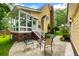 Backyard with a sunroom, brick foundation, and outdoor seating area, surrounded by green foliage at 127 White Pine Way, Summerville, SC 29485