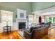 Inviting living room with fireplace, leather sofa, and hardwood floors at 127 White Pine Way, Summerville, SC 29485