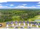 Bird's-eye view of a community with houses lining a road, lush trees, and a pond at 1384 Locals St, Summerville, SC 29485