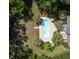 Aerial close up of a backyard pool surrounded by palm trees and lounge furniture, offering a private oasis at 2225 Black Oak Ct, Mount Pleasant, SC 29466
