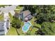 Aerial view showcasing the backyard oasis with a pool, surrounded by lush landscaping and neighborhood charm at 3813 Battleview Ct, North Charleston, SC 29420