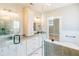 Bathroom showcasing modern fixtures, walk-in shower with glass door, and double sink vanity at 54 Summer Dr, Walterboro, SC 29488