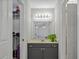 Bathroom vanity with gray cabinets, gray walls, decorative plant and neutral countertop at 58 Indigo Ln, Goose Creek, SC 29445