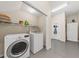 Laundry room with modern washer and dryer, storage shelves, and painted floor at 6840 Early Jersey Rd, Meggett, SC 29449