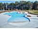 An aerial view of the community pool, showcasing its unique shape, landscaping, and ample space for relaxation and recreation at 135 Cypress Preserve Blvd, Moncks Corner, SC 29461