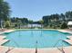 Resort-style pool area with lounge chairs and lake view surrounded by palm trees and manicured landscaping at 154 Calm Water Way, Summerville, SC 29486