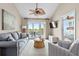 Bright living room with vaulted ceiling, ceiling fan, and sliding glass doors to the outdoor patio at 2942 Atrium Villa Dr # 42, Johns Island, SC 29455