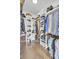 Well-organized walk-in closet featuring custom shelves, hanging rods, and hardwood floors at 828 Bridge Point Cir, Mount Pleasant, SC 29464