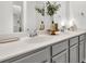 Modern bathroom with double sinks, gray cabinets, and neutral countertops at 9712 Fanning Basket Ln, Ladson, SC 29456