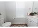 Cozy half bathroom with a toilet, white vanity, and a window with blinds at 290 Woodland Oak Way, Summerville, SC 29485