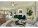 Comfortable living room with stylish decor, a green sofa, and an open floor plan leading to the dining area at 8621 Connor Ct, North Charleston, SC 29406
