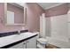 Bathroom with a bathtub, toilet, sink, and vanity with a dark blue countertop at 154 Patrick Ln, Summerville, SC 29483