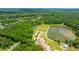 An aerial shot of the community lake featuring a pier, picnic pavilions, and lush green trees at 2026 Thornhill Dr, Summerville, SC 29485