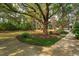 Well manicured backyard, large trees, green grass and mulch with small seating arrangement overlooking yard at 2217 Ramsay St, Charleston, SC 29412